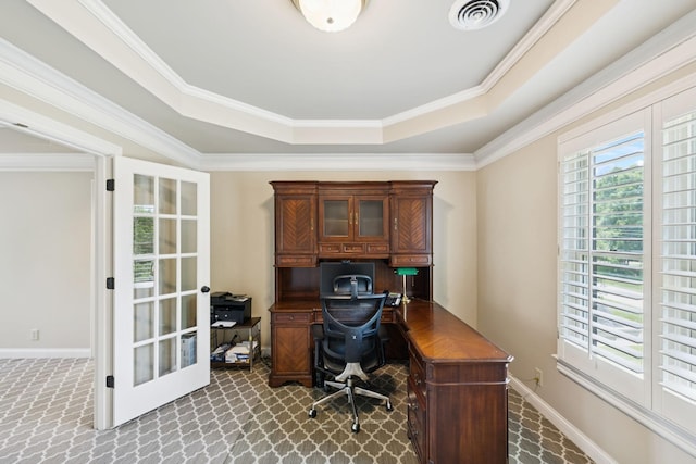 1524 Gordon Petty Dr, Brentwood, TN 37027 - office area with a raised ceiling, french doors, and crown molding