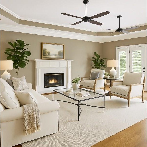 1524 Gordon Petty Dr, Brentwood, TN 37027 - living room featuring wood finished floors, ornamental molding, a raised ceiling, ceiling fan, and a glass covered fireplace