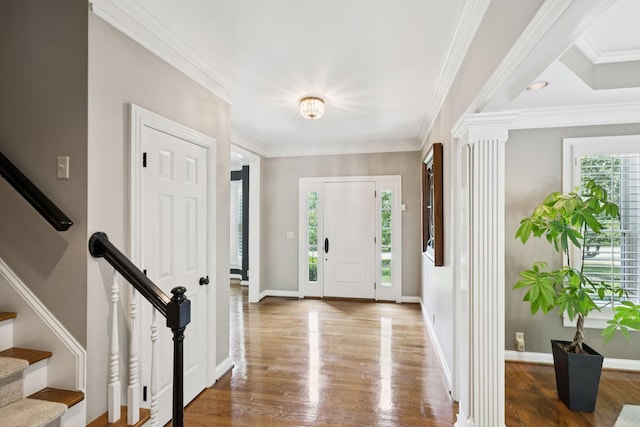 1524 Gordon Petty Dr, Brentwood, TN 37027 - entryway with wood finished floors, decorative columns, stairs, and ornamental molding