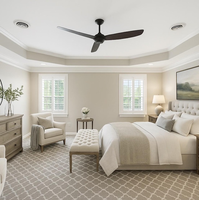 1524 Gordon Petty Dr, Brentwood, TN 37027 - bedroom with a tray ceiling, ornamental molding, multiple windows, carpet floors, and ceiling fan