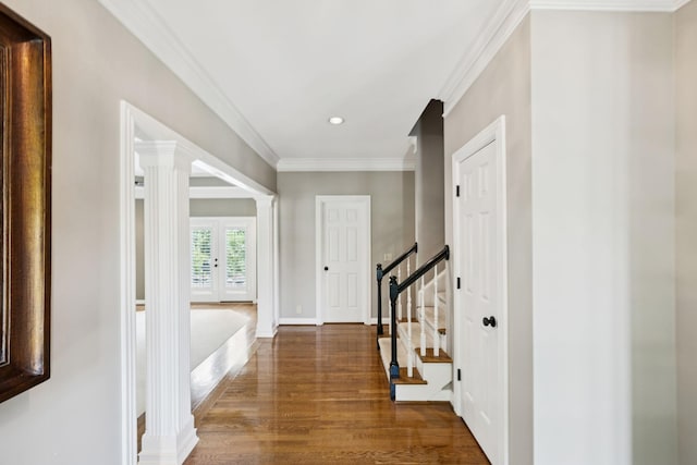 1524 Gordon Petty Dr, Brentwood, TN 37027 - hall featuring crown molding, french doors, dark wood-style floors, and recessed lighting