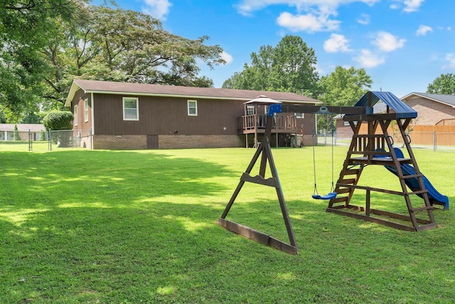 105 Plain View Dr, Estill Springs, TN 37330 - back of property featuring crawl space, a playground, a deck, and a shingled roof