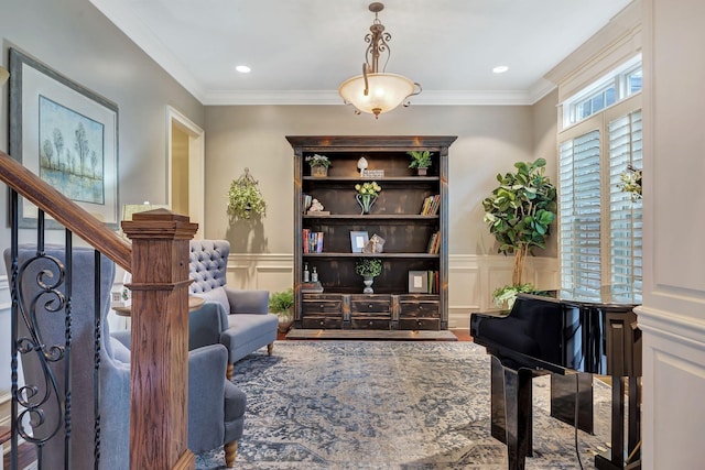 2811 Craythorne Dr, Murfreesboro, TN 37129 - sitting room with a decorative wall, ornamental molding, a wainscoted wall, and stairs