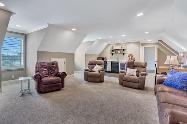 2811 Craythorne Dr, Murfreesboro, TN 37129 - living area featuring a dry bar, carpet flooring, recessed lighting, crown molding, and vaulted ceiling