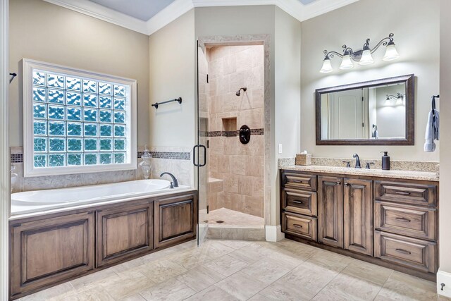 2811 Craythorne Dr, Murfreesboro, TN 37129 - bathroom with a garden tub, crown molding, vanity, and a stall shower