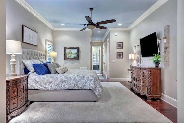 2811 Craythorne Dr, Murfreesboro, TN 37129 - bedroom featuring dark wood-style floors, crown molding, recessed lighting, and a ceiling fan