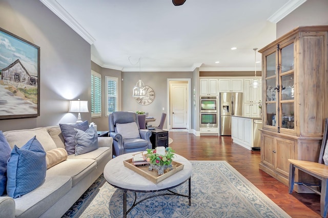 2811 Craythorne Dr, Murfreesboro, TN 37129 - living room with a chandelier, dark wood-style floors, ornamental molding, and recessed lighting