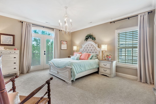 2811 Craythorne Dr, Murfreesboro, TN 37129 - bedroom with access to exterior, carpet, a chandelier, crown molding, and french doors