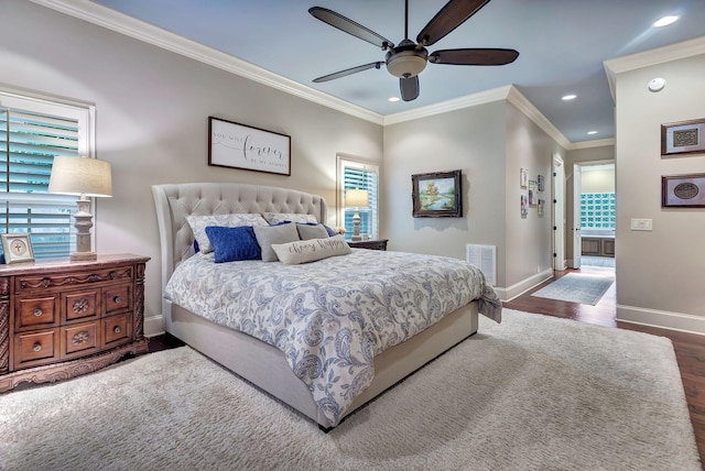 2811 Craythorne Dr, Murfreesboro, TN 37129 - bedroom featuring wood finished floors, recessed lighting, crown molding, and a ceiling fan