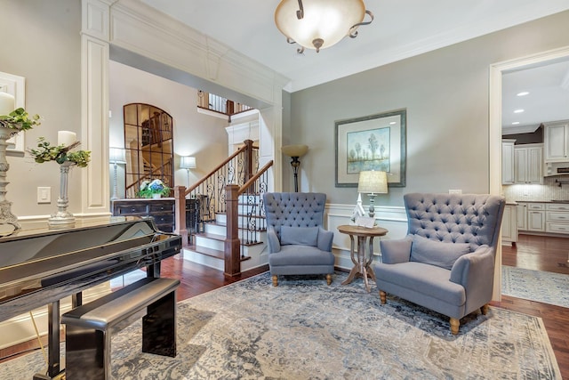 2811 Craythorne Dr, Murfreesboro, TN 37129 - living area with dark wood-style floors, stairs, and crown molding