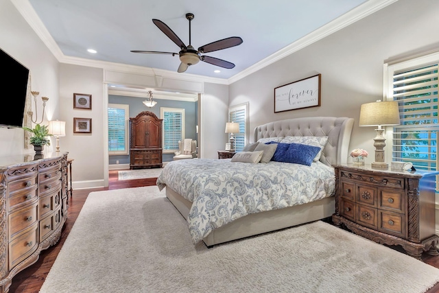 2811 Craythorne Dr, Murfreesboro, TN 37129 - bedroom with dark wood finished floors, ornamental molding, recessed lighting, and ceiling fan