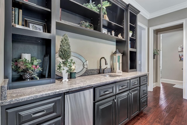 2811 Craythorne Dr, Murfreesboro, TN 37129 - bar with ornamental molding, dark wood-style floors, and fridge
