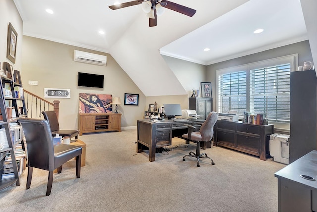 2811 Craythorne Dr, Murfreesboro, TN 37129 - home office featuring a wall mounted air conditioner, carpet flooring, a ceiling fan, crown molding, and recessed lighting