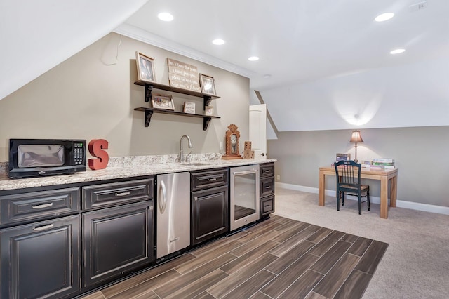 2811 Craythorne Dr, Murfreesboro, TN 37129 - indoor wet bar featuring fridge, wine cooler, black microwave, recessed lighting, and dark wood-style floors