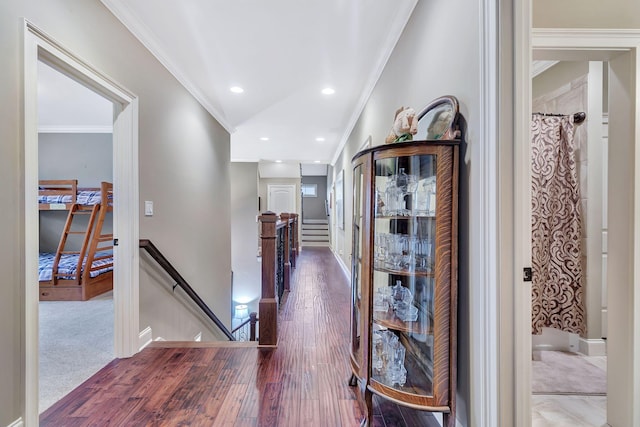 2811 Craythorne Dr, Murfreesboro, TN 37129 - corridor with an upstairs landing, ornamental molding, and wood finished floors
