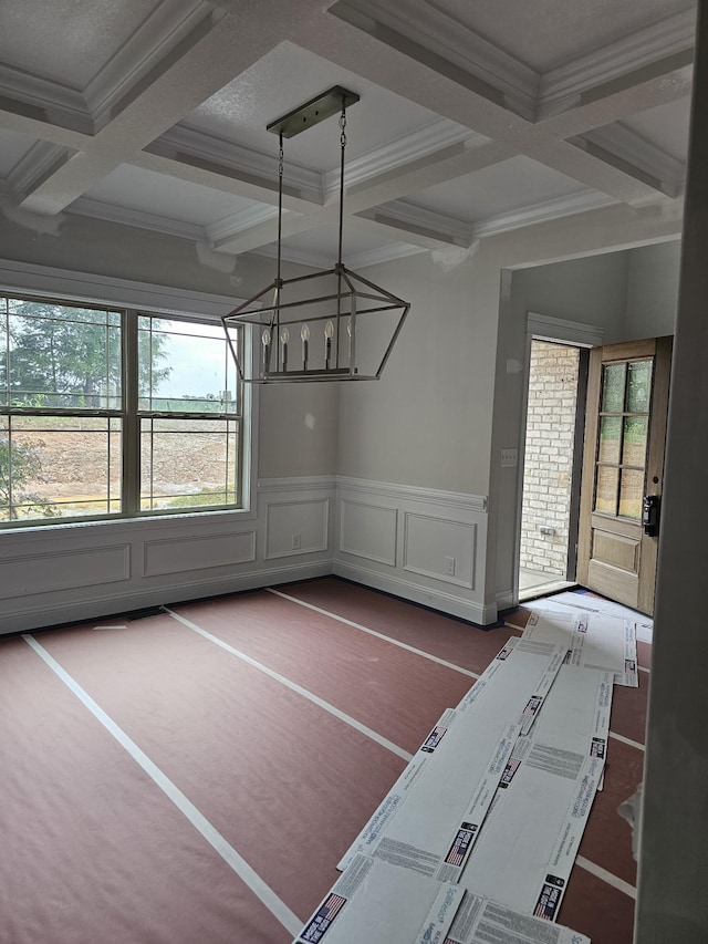 2895 Cooper Creek Rd, Woodlawn, TN 37191 - unfurnished dining area featuring coffered ceiling, a chandelier, beamed ceiling, ornamental molding, and basketball hoop