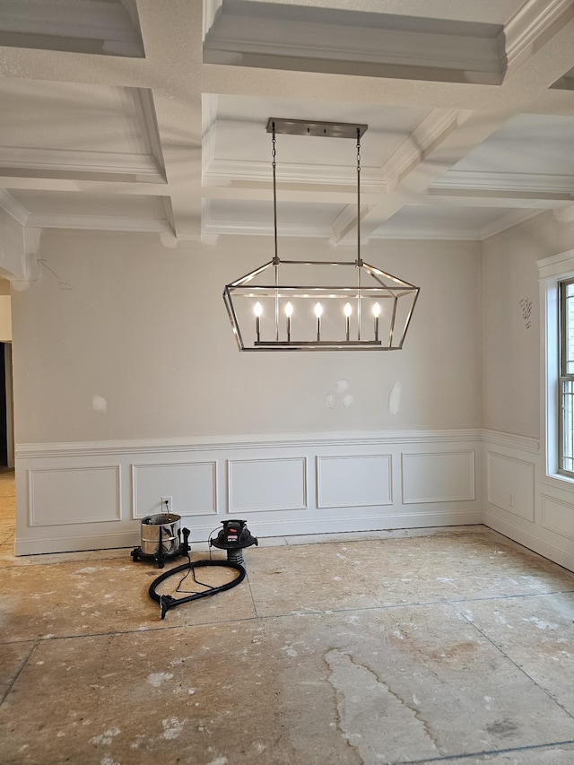 2895 Cooper Creek Rd, Woodlawn, TN 37191 - unfurnished dining area featuring coffered ceiling, beamed ceiling, a decorative wall, a wainscoted wall, and a chandelier