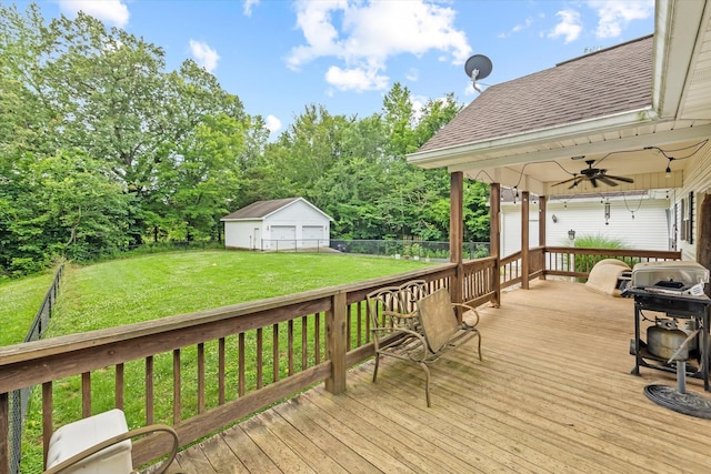 5546 Old Kentucky Rd, Byrdstown, TN 38549 - deck featuring a ceiling fan, a fenced backyard, a detached garage, and area for grilling