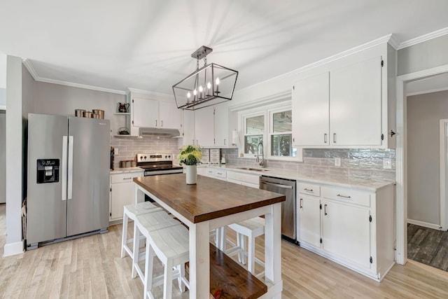 1519 Graybar Ln, Murfreesboro, TN 37129 - kitchen with appliances with stainless steel finishes, under cabinet range hood, tasteful backsplash, white cabinetry, and open shelves