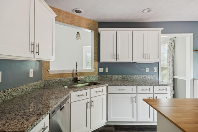 7607 Birdsong Ct, Fairview, TN 37062 - kitchen featuring stainless steel dishwasher, white cabinets, plenty of natural light, and a textured ceiling