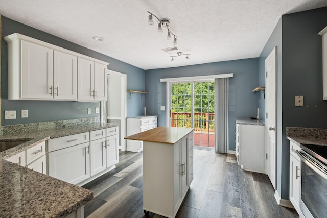 7607 Birdsong Ct, Fairview, TN 37062 - kitchen with stainless steel electric stove, white cabinets, dark wood-type flooring, light stone counters, and a textured ceiling