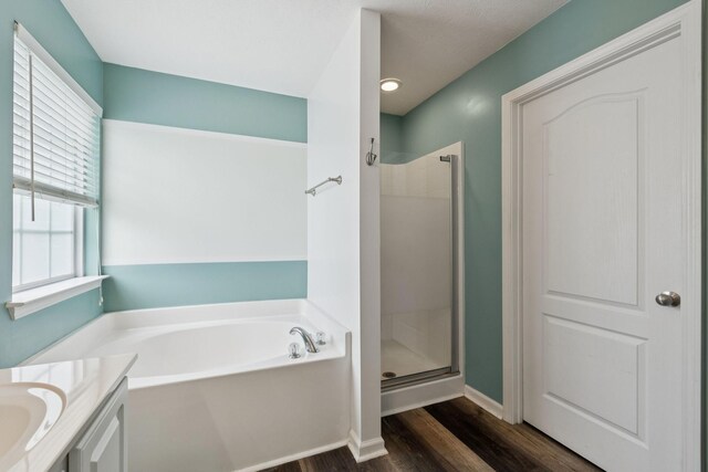 7607 Birdsong Ct, Fairview, TN 37062 - bathroom with a garden tub, wood finished floors, a shower stall, and vanity