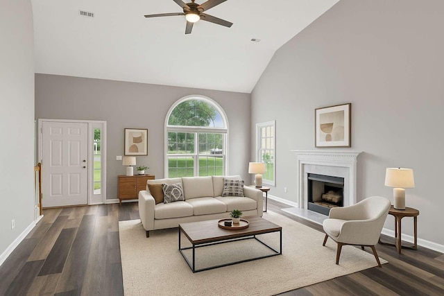 7607 Birdsong Ct, Fairview, TN 37062 - living room featuring high vaulted ceiling, ceiling fan, dark wood-style floors, and a fireplace