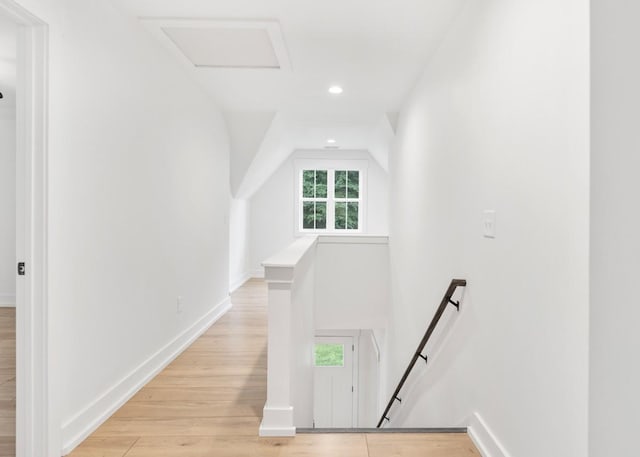 4486 Beards Chapel Rd, Springfield, TN 37172 - hall featuring an upstairs landing, light wood-style flooring, recessed lighting, and attic access