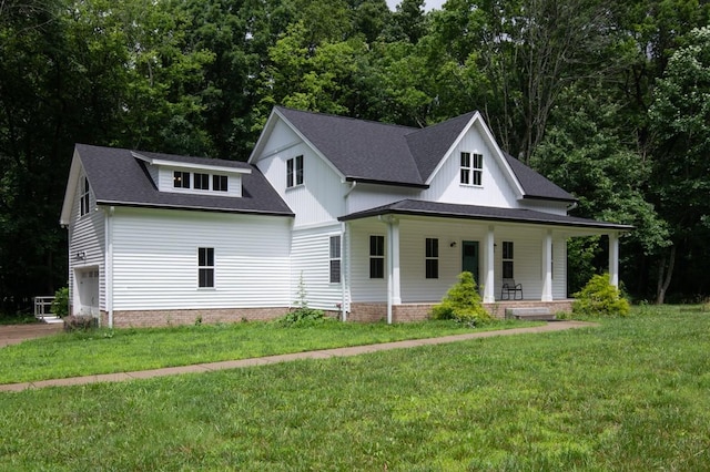 4486 Beards Chapel Rd, Springfield, TN 37172 - modern farmhouse style home with covered porch, a shingled roof, a front lawn, and a garage