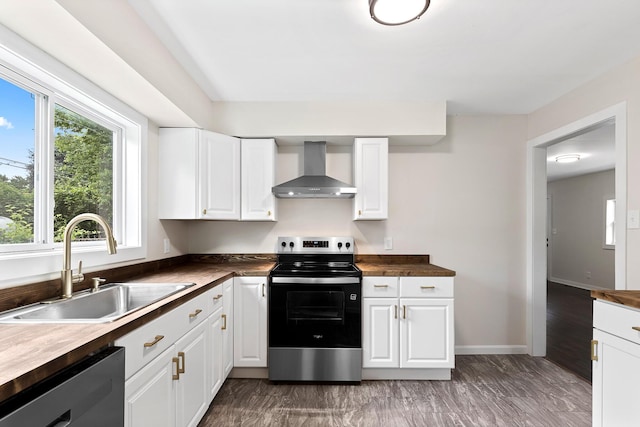 610 Maple Ln, Chattanooga, TN 37411 - kitchen featuring wall chimney range hood, stainless steel electric range oven, butcher block counters, dishwashing machine, and white cabinetry