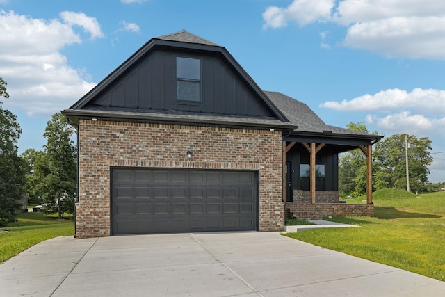 578 Oak Glen Dr, Smithville, TN 37166 - view of front of home featuring board and batten siding, brick siding, a front lawn, and a garage
