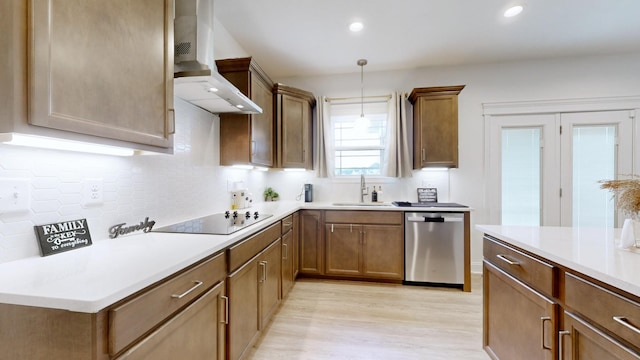 220 Young Ln, Pleasant View, TN 37146 - kitchen with premium range hood, stainless steel dishwasher, black electric stovetop, light wood finished floors, and backsplash