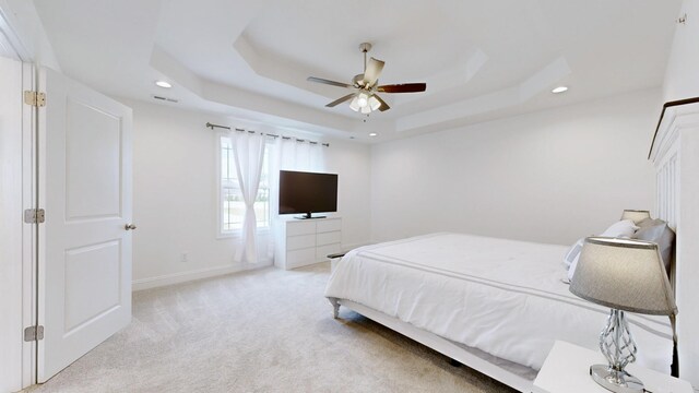 220 Young Ln, Pleasant View, TN 37146 - bedroom with a tray ceiling, recessed lighting, light carpet, and a ceiling fan