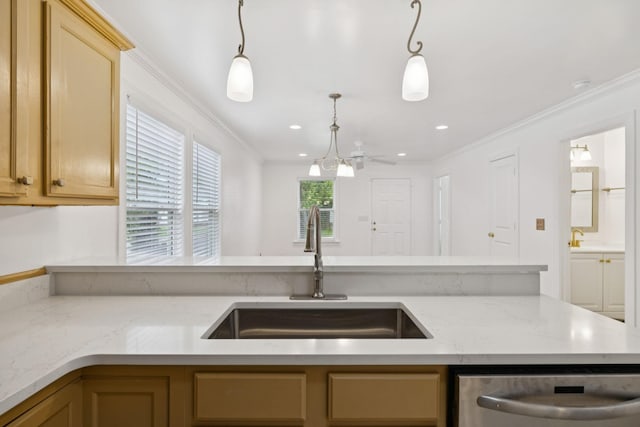 354 9th Ave N, Franklin, TN 37064 - kitchen with stainless steel dishwasher, ornamental molding, pendant lighting, light stone counters, and recessed lighting