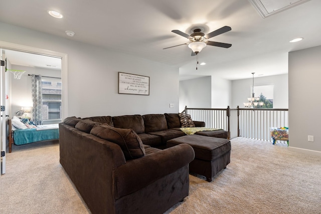 5308 Abbottswood Dr, Smyrna, TN 37167 - living area with light colored carpet, a ceiling fan, healthy amount of natural light, attic access, and recessed lighting