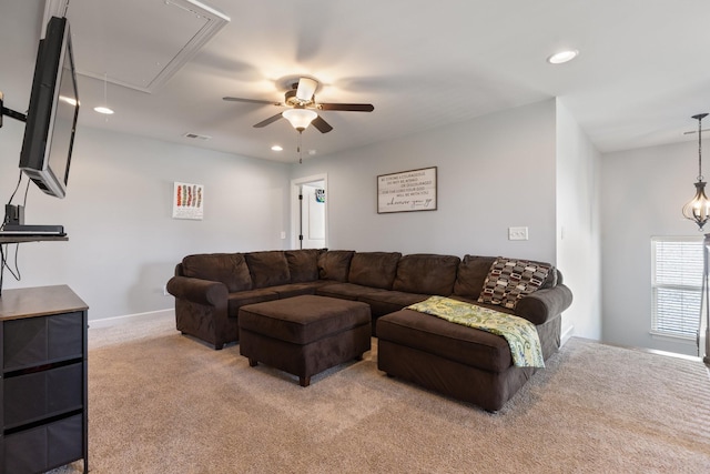 5308 Abbottswood Dr, Smyrna, TN 37167 - living room with attic access, light carpet, a ceiling fan, and recessed lighting