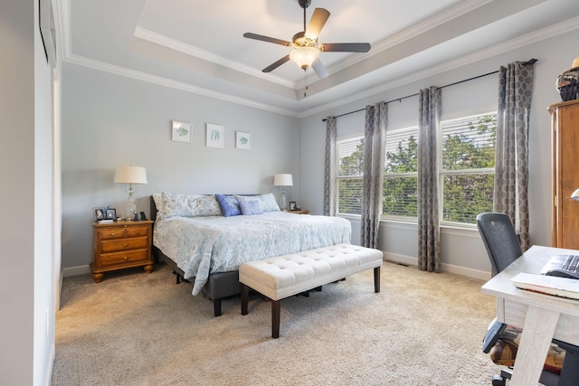 5308 Abbottswood Dr, Smyrna, TN 37167 - carpeted bedroom featuring multiple windows, ornamental molding, a tray ceiling, an office area, and a ceiling fan