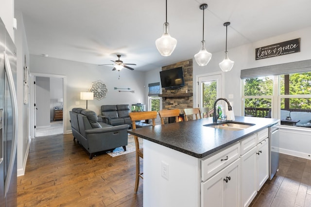 5308 Abbottswood Dr, Smyrna, TN 37167 - kitchen with a kitchen breakfast bar, dark wood finished floors, open floor plan, and ceiling fan
