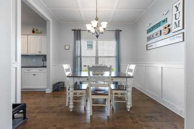 5308 Abbottswood Dr, Smyrna, TN 37167 - dining space with a decorative wall, a chandelier, coffered ceiling, a wainscoted wall, and dark wood-type flooring