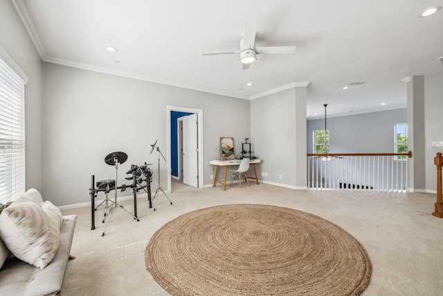 311 Wandering Cir, Franklin, TN 37067 - sitting room with light carpet, a ceiling fan, recessed lighting, crown molding, and an office area