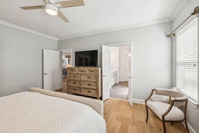 311 Wandering Cir, Franklin, TN 37067 - bedroom featuring ornamental molding, light wood-style flooring, ceiling fan, and ensuite bath