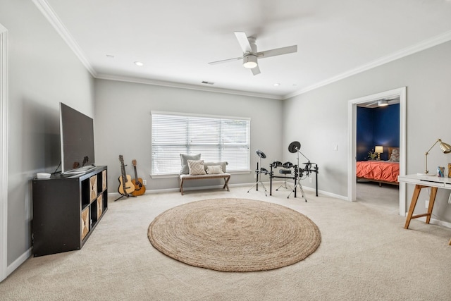 311 Wandering Cir, Franklin, TN 37067 - recreation room with carpet floors, ornamental molding, a ceiling fan, and recessed lighting
