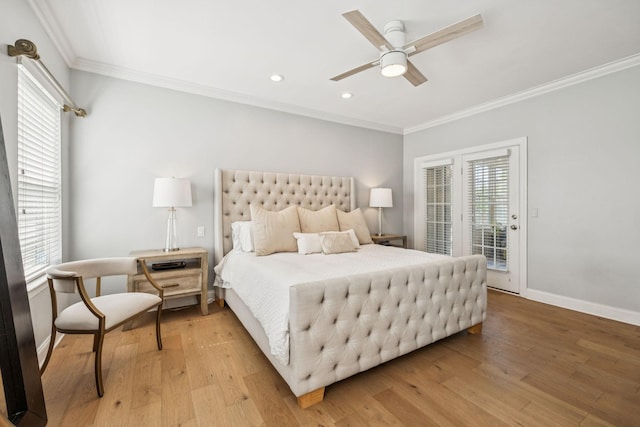 311 Wandering Cir, Franklin, TN 37067 - bedroom featuring crown molding, access to exterior, light wood-style flooring, recessed lighting, and ceiling fan