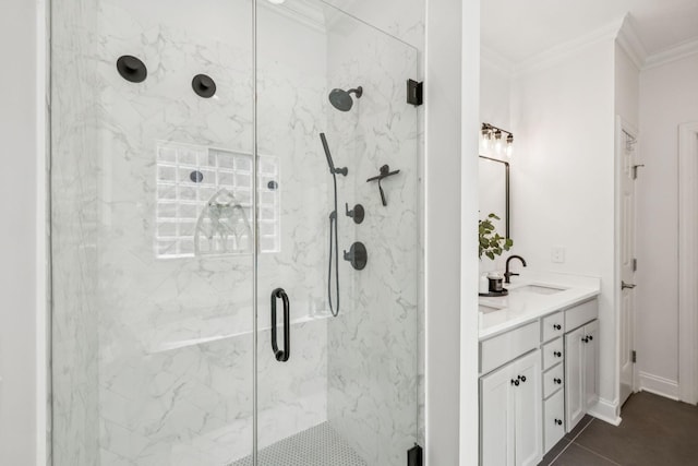 311 Wandering Cir, Franklin, TN 37067 - full bathroom with ornamental molding, a marble finish shower, and double vanity