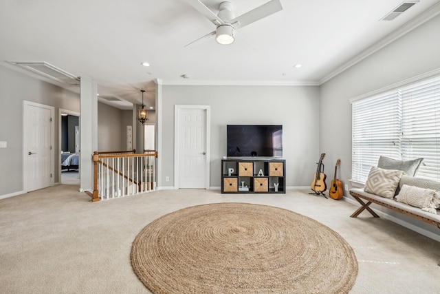 311 Wandering Cir, Franklin, TN 37067 - living room featuring attic access, carpet flooring, crown molding, ceiling fan, and recessed lighting