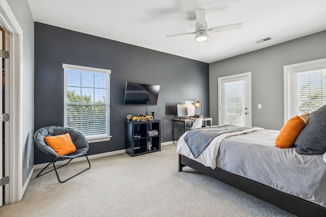 311 Wandering Cir, Franklin, TN 37067 - carpeted bedroom with multiple windows, ceiling fan, an accent wall, and access to exterior