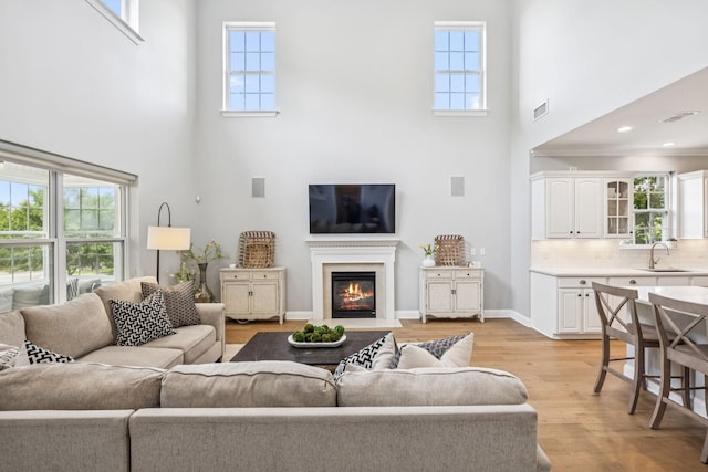 311 Wandering Cir, Franklin, TN 37067 - living room with a high ceiling, light wood-style flooring, and a fireplace with flush hearth