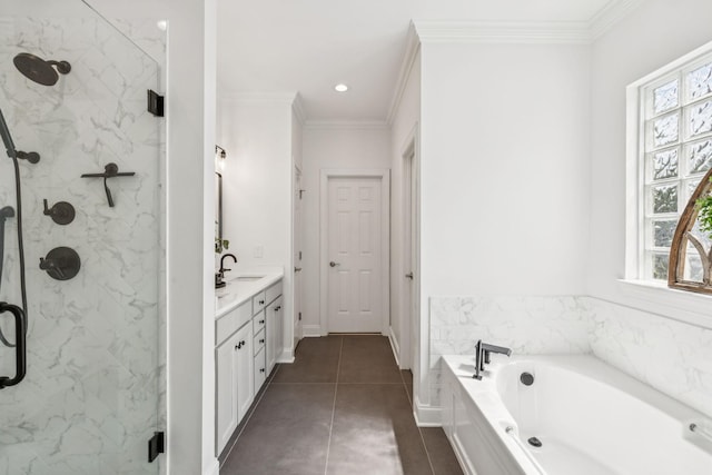 311 Wandering Cir, Franklin, TN 37067 - bathroom with a bath, vanity, a marble finish shower, tile patterned floors, and ornamental molding
