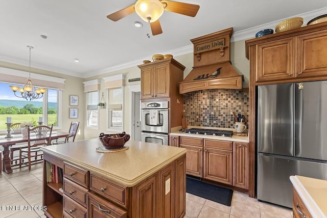 2091 Wesley Chapel Rd, Pikeville, TN 37367 - kitchen with appliances with stainless steel finishes, light tile patterned floors, custom range hood, brown cabinets, and light countertops