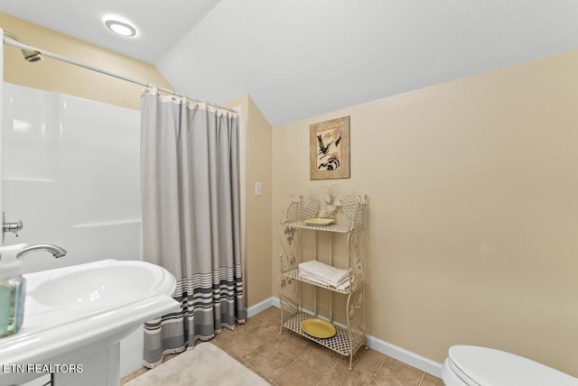 2091 Wesley Chapel Rd, Pikeville, TN 37367 - full bathroom with a shower with shower curtain, tile patterned flooring, and lofted ceiling